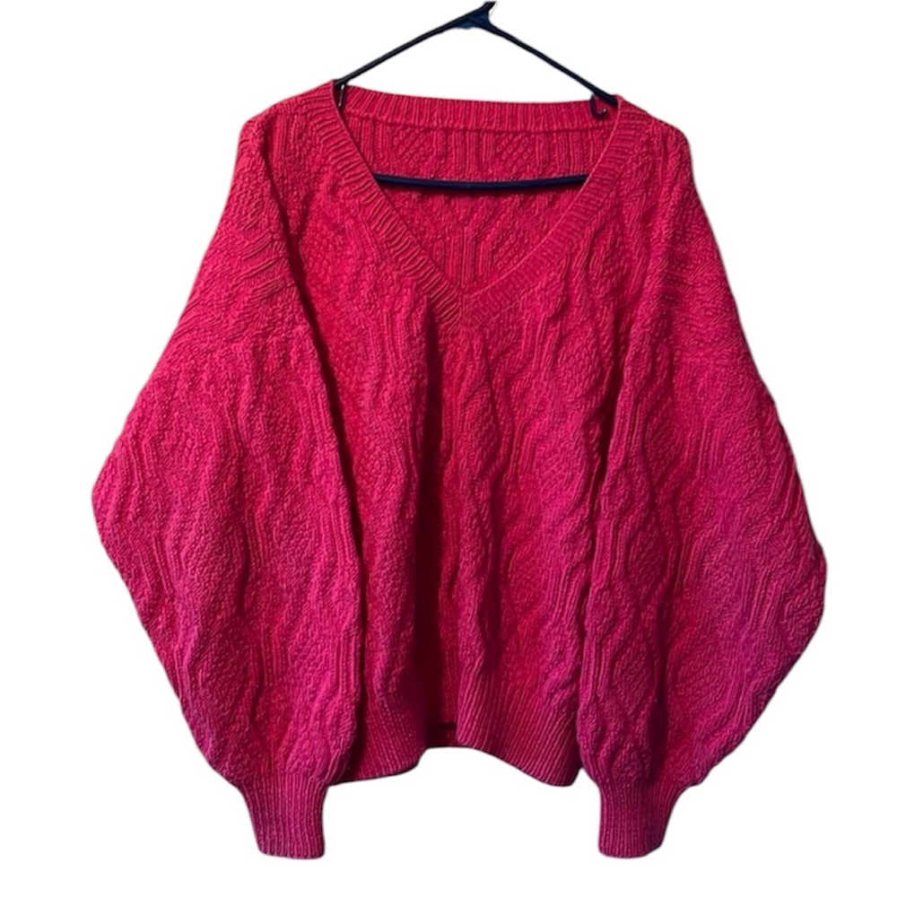 Vintage Hand-knit Cable Knit V-neck Sweater Drop Shoulder Magenta Large